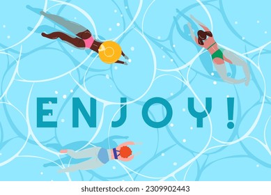 Women swimming in blue water. Girls in bikini relaxing in sea, ocean. Happy female characters in swimsuits. Summertime activity, top view. Enjoy. Vector illustration