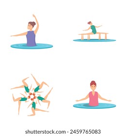 Women swimming icons set cartoon vector. Girl team performing stunt in water. Water sport dance competition