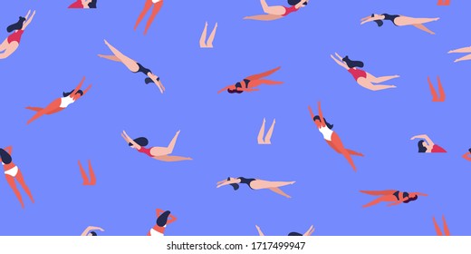 Mujeres nadando en la piscina.  Vacaciones de verano. Ropa de baño. Vector