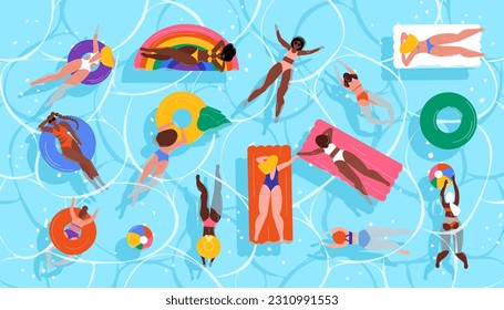 Women swimming in sea, ocean. Girls in bikini relaxing on blue water surface. Happy female characters in swimsuits. Summertime, swimming pool party, top view. Vector illustration