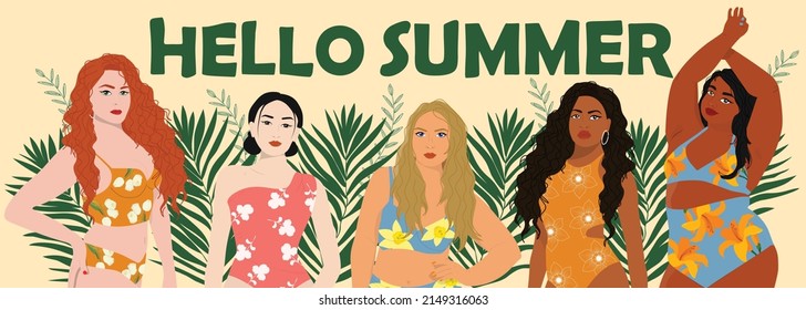 Women in swimming suits  near palm leaves. Hello summer banner. Vector illustration