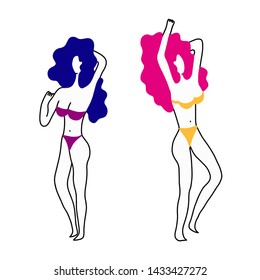 Women in swimsuit. Beautiful girls in bathing suits of different types. Vector illustration