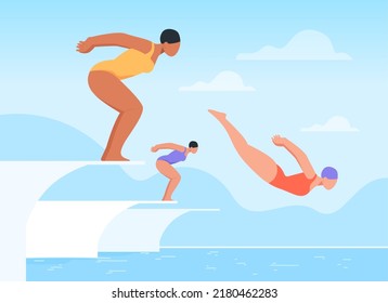 Mujeres en traje de baño sumergiéndose en la ilustración vectorial plana de agua. Las mujeres submarinistas o nadadoras saltan de trampolín o de submarinismo durante una carrera de alta competencia. Deporte, concepto de fitness