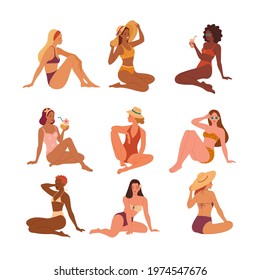 Women in swimsuits collection. Vector illustration of diverse young cartoon women sits in various poses and swim suits: bikini, one piece swimsuit. Isolated on white