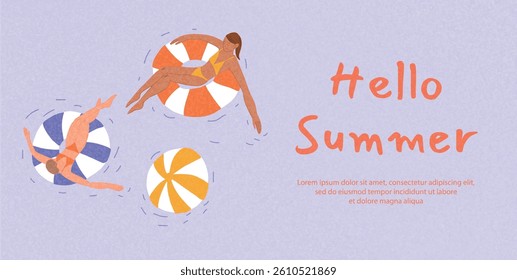 Women in swimsuits floating on striped inflatable rings in water. Summer pool leisure. Vector flat crayon style illustration for banner, web, social media, seasonal sale, ad.