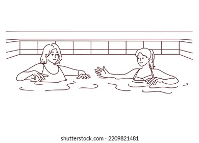 Women in swimsuits have fun in swimming pool together. Female friends in bikini swim in water in indoor pool. Hobby and recreation. Vector illustration. 