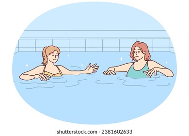 Women in swimsuits have fun in swimming pool together. Female friends in bikini swim in water in indoor pool. Hobby and recreation. Vector illustration.