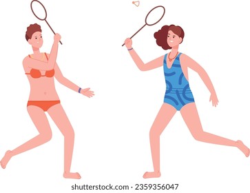 Women in swimsuits playing badminton. Summer beach game isolated on white background