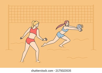 Women in swimsuits playing volleyball on beach. Smiling active girls in bikini involved in sport activity on seashore on summer holidays. Vector illustration. 