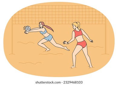 Women in swimsuits playing volleyball on beach. Smiling active girls in bikini involved in sport activity on seashore on summer holidays. Vector illustration.