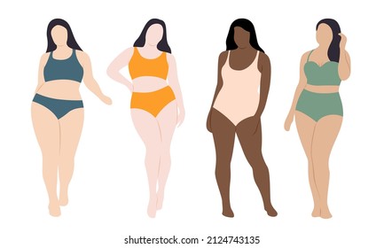 Women Swimsuits Plus Size Model. Curvy Faceless Woman In Bikini Vector Set. 