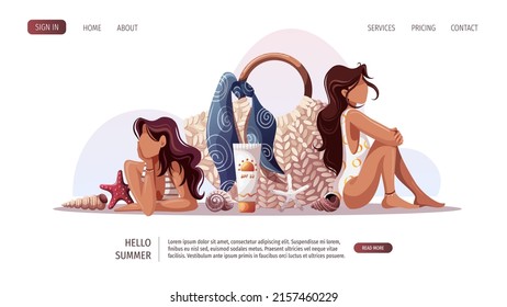 Women in swimsuits, rattan bag, sunscreen, seashells. Beach Holidays, Summer vacation, Leisure, Recreation concept. Vector Illustration.
