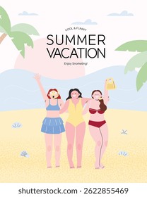 Women in swimsuits and snorkeling gear in front of the beach