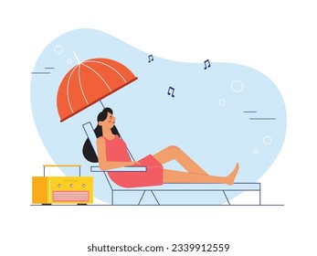 Women in swimsuits are sunbathing during the day relaxing while listening to music on the radio and enjoying the holidays. Character designs. Vector flat illustration