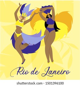 Women in Swimwear and Feathers at Brazilian Festival. Incendiary Dances. Traditional Brazilian Costume. Country Cult. National Holiday of Brazil. Vector illustration.. Abstract Clothes.