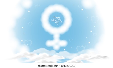 women symbol cloud on blue sky heaven with heart shape snow,cute vector illustration,international women's day,for website banner,commercial,content head or presentation background,space for text