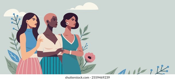 Women symbolize freedom, the fight for women empowerment and gender equality. Equality Day. Women's Day. Vector illustration with space for text for women's holidays, website, social media