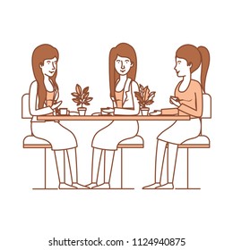 women in the table drinking coffee with house plant