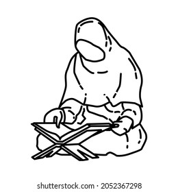 Women Tadarus is Part of Muslim Worship Activity Hand Drawn Icon Set Vector.