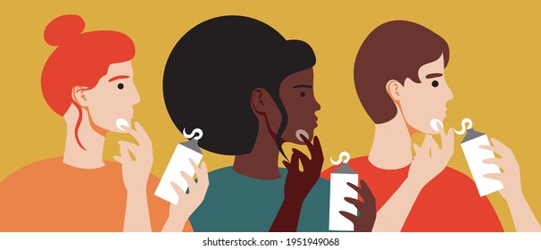 Women take care of the face. Flat vector stock illustration. Afro and European beautiful women. Cosmetic cream for dry, oily skin. Care product in a tube. Different skin types. Vector graphics