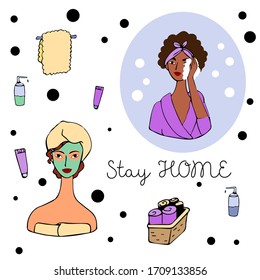 Women Take Care of her Face Skin. Spa Procedures at Home. Skin Care Routine and Hygiene Concept. Flat Cartoon Illustration.Stay home concept - women and home activities for covid-19 quarantine 