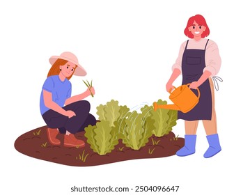 Women take care of plants. Female farmers work with plants and vegetables, weed and watering plants flat vector illustration. Agriculture farm work scene