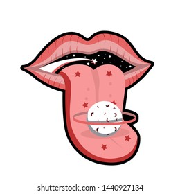 Women take pills. The pill on his tongue, close-up of a young woman holding a pill on her tongue. Flat design, vector illustration. Shirt design, sticker design, print design,galaxy in the mouth. 