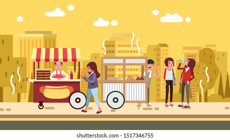 women take a walk in street, full of street food stall in summer. afternoon walk, in street food center, after work. food stall, people drink. flat illustration vector