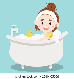 The Women taking a Bath with foam bubbles with yellow rubber duck in flat vector style. Illustration about bath for background, graphic,content , banner, sticker label and greeting card.