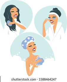 Women taking a Bath having spa and relaxing flat vector illustration 