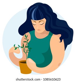 Women taking care of houseplants. Home garden, greenhouse, gardening, plant lover, houseplant store concept. Сaring for lemon tree.иIsolated vector illustration for poster, banner, cover, card.