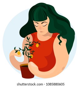 Women taking care of houseplants. Home garden, greenhouse, gardening, plant lover, houseplant store concept. Сaring for lemon tree.иIsolated vector illustration for poster, banner, cover, card.