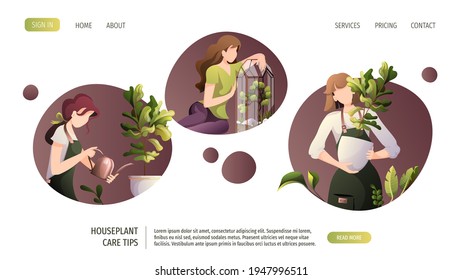 Women taking care of houseplants. Home garden, greenhouse, gardening, plant lover, houseplant store concept. Vector illustration for poster, banner, website.