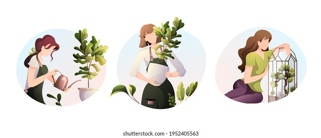 Women taking care of houseplants. Home garden, greenhouse, gardening, plant lover, houseplant store concept. Isolated vector illustration for poster, banner, cover, card.
