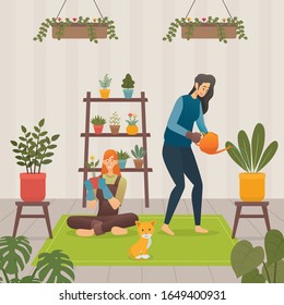 Women taking care their plants in the house vector illustration