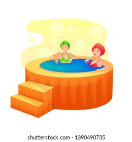 Women taking hot bath tub flat vector illustration. Spa center, salon, club procedure. After sauna relax. Girls in towels and swimsuits cartoon characters. Wellness concept. Isolated design element