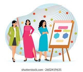 Women taking part in business meeting, negotiation, brainstorming, talking to each other. Teamwork concept. Flat vector illustration 