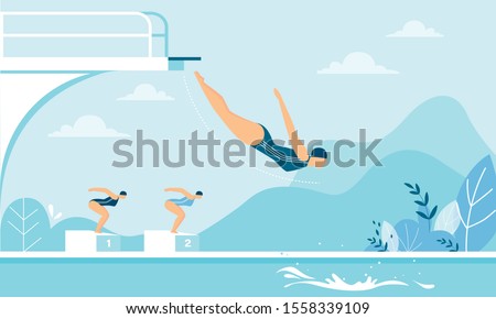 Women Taking Part in High Diving Competition Race. Cartoon Female Diver Swimmer in Swimsuit Jumping from Trampoline, Board, Podium. Summer Individual Water Sport. Vector Flat Illustration