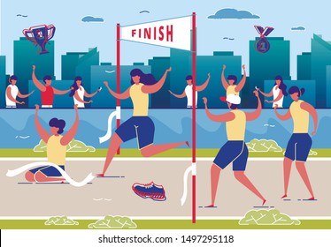 Women Taking Part in Running Competition Flat Cartoon Vector Illustration. Crossing Finish Line on Stadium. Healthy Lifestyle, Sport, Activity, People Jogging Marathon. Winner in Contest.