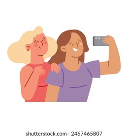 women taking a selfie and laughing isolated