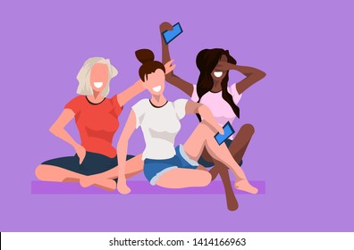 Women taking selfie photo on smartphone camera.  Mix race female cartoon characters photographing.  Girls sitting together and posing. Flat full length horizontal.