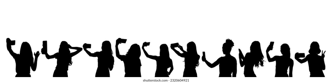 Women taking selfie and talking on mobile phone. Set of women taking selfie silhouette vector illustration.