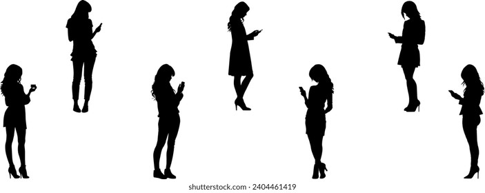 Mujeres tomando selfie y hablando por teléfono móvil. Conjunto de mujeres que toman la silueta selfie como ilustración vectorial.