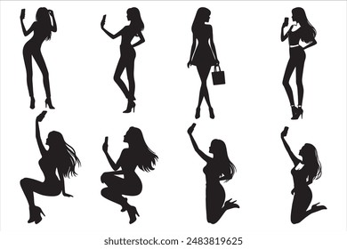 Women taking selfie and talking on mobile phon. Women taking selfie silhouette vector illustration.