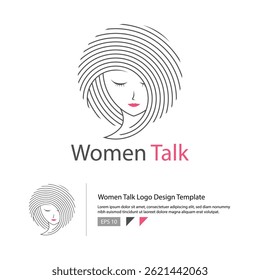Women Talk logo template with a word bubble style and a woman inside the bubble.