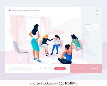 Women talk and share their experience during group therapy. Life situations and   solving problems. Creative web page design template. 3d vector isometric illustration. 