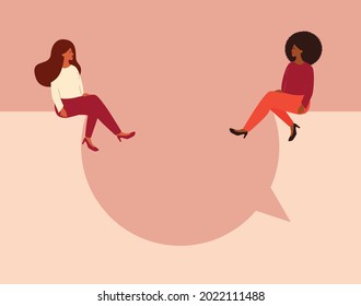 Women talking concept. Strong girls sitting and having a discussion on a big speech bubble while looking to each other. Women empowerment movement, gender equality, business women concept. Vector.