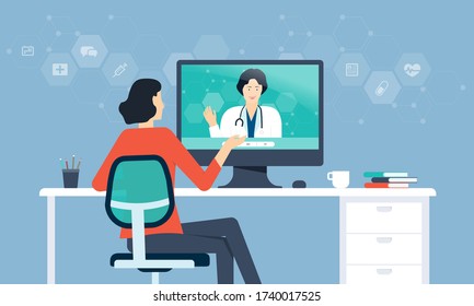 Women talking consult with doctor on monitor and flat vector design online medical concept