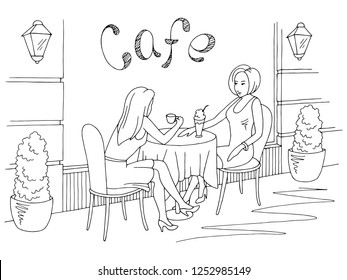 Women talking and drinking coffee in street cafe graphic black white sketch exterior illustration vector