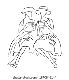 Women talking, drinking coffee or tea. Black line sketch on white background. Vector illustration.